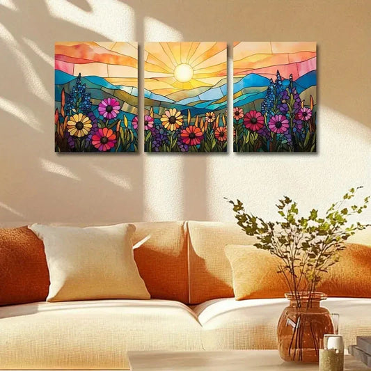 3pcs Sun, Mountain, and Florals view Design Metal Print Ready to Hang Art