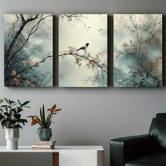 3pcs Modern Abstract Bird & Branch Canvas Metal Print Ready to Hang Art