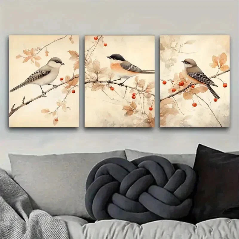 3pcs Birds Among Autumn Branches Artwork Metal Print Ready to Hang Art