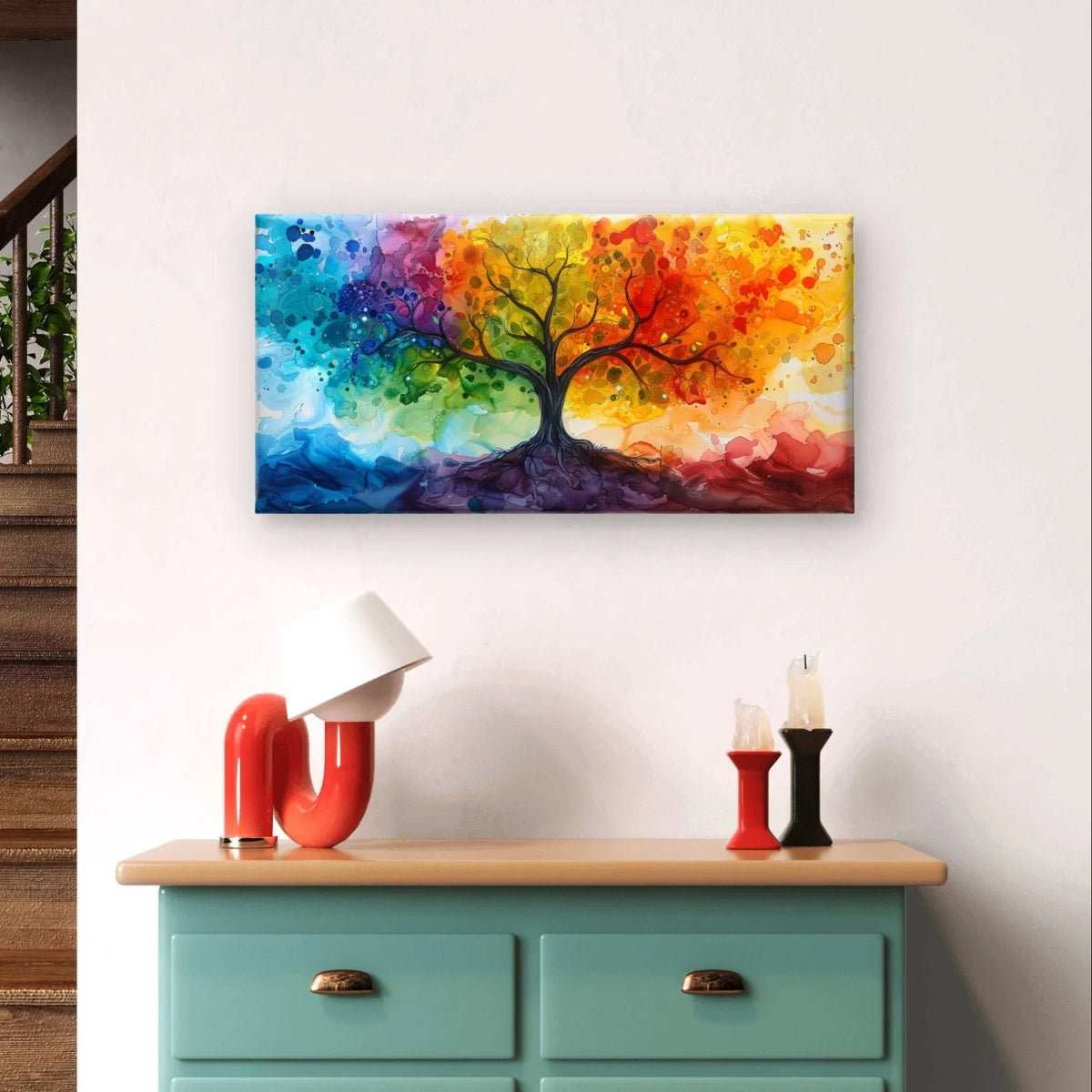 Rainbow Tree Watercolour Landscape Wall Art Canvas Office Home Framed 120x60cm