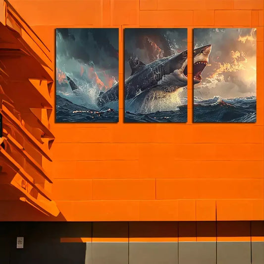 3pcs Large Shark Swimming Over An Ocean Canvas Framed 40x60cm - High Quality Print 100% Australian Made Wall Canvas Ready to Hang