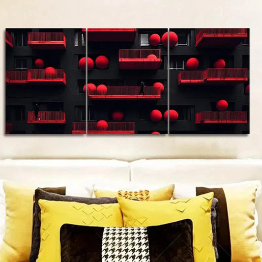 3pcs The red ball on the wall With People Wall Art Set Canvas Framed 40x60cm - High Quality Print 100% Australian Made Wall Canvas Ready to Hang