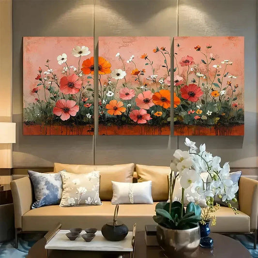 3pcs Vibrant Wildflower Garden Pink Orange Decor Metal Print Ready to Hang Art