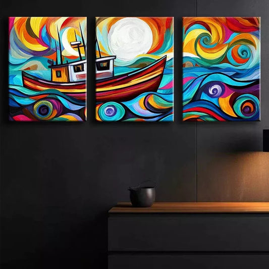 3pcs An Abstract Depiction Of A Fishing Trawler Wall Art Set Canvas Framed 40x60cm - High Quality Print 100% Australian Made Wall Canvas Ready to Hang