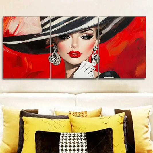 3pcs Fashionable woman in black hat Wall Art Set Canvas Framed 40x60cm - High Quality Print 100% Australian Made Wall Canvas Ready to Hang