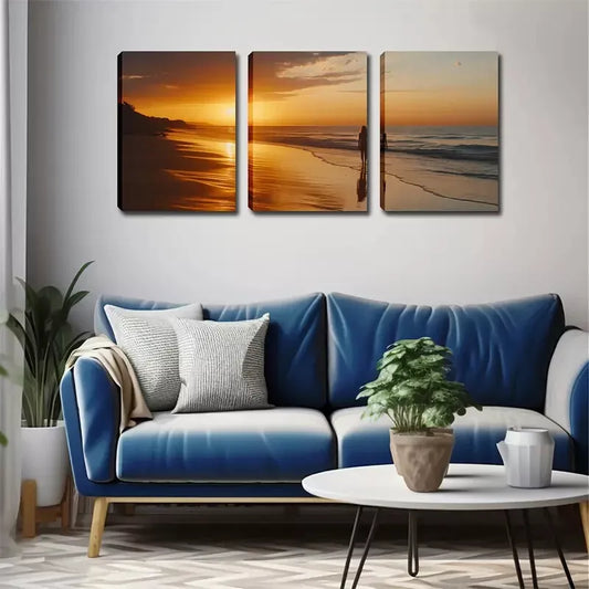 3pcs Beach, Autumn Leaves & Abstract Designs Wall Art Set Canvas Framed 40x60cm - High Quality Print 100% Australian Made Wall Canvas Ready to Hang