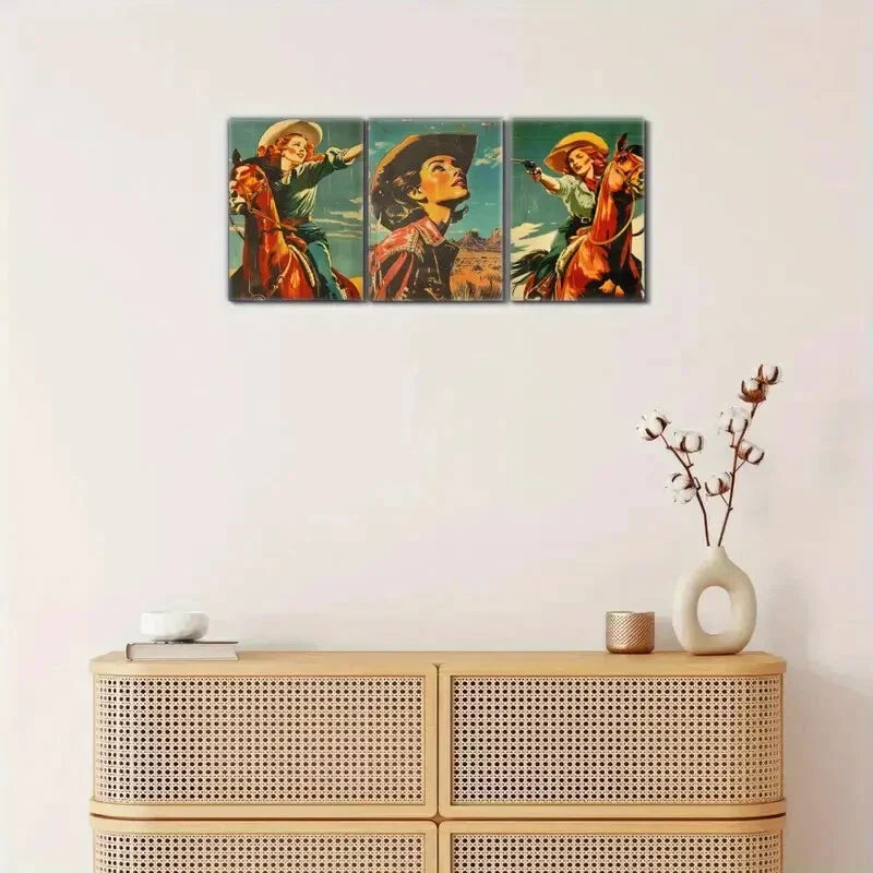 3pcs Cowgirl in Desert Scene Wild West Art Poster Metal Print Ready to Hang Art