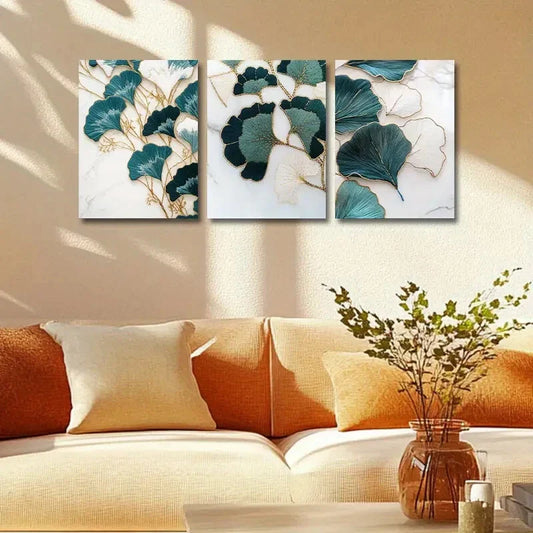 3pcs Ginkgo Biloba Teal & Golden Leaf Design Metal Print Ready to Hang Art