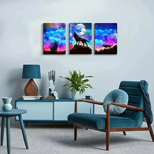 3pcs Starry Sky Wolf Silhouette Metal Print Ready to Hang Art