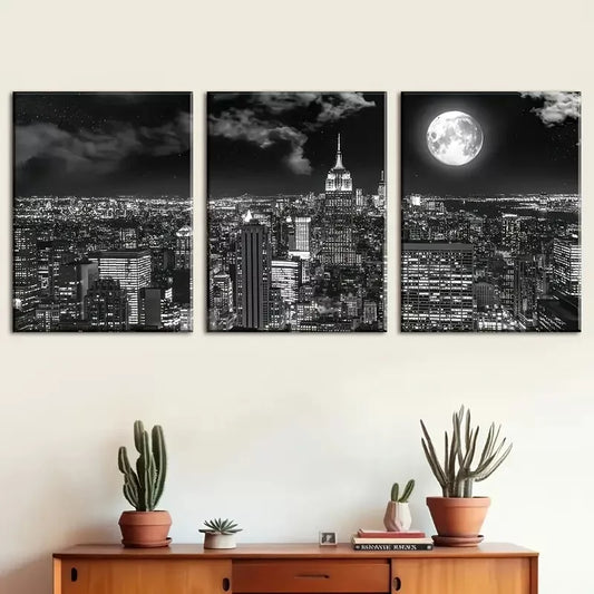 3pcs Black And White Night City Architecture Wall Art Set Canvas Framed 40x60cm - High Quality Print 100% Australian Made Wall Canvas Ready to Hang