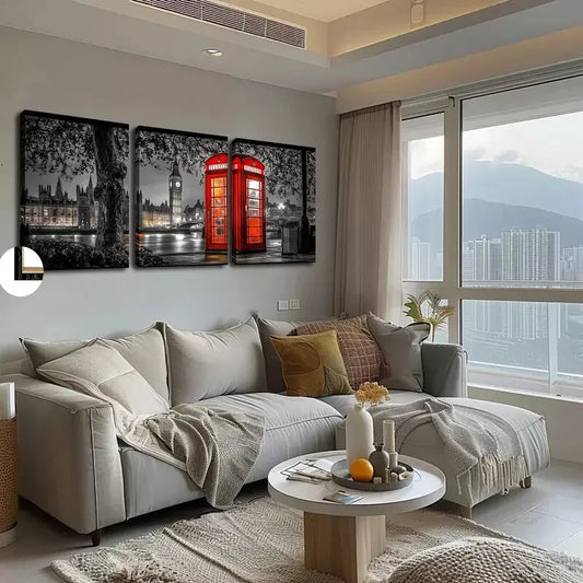 3pcs City Road Phone Booth At Night Wall Art Set Canvas Framed 40x60cm - High Quality Print 100% Australian Made Wall Canvas Ready to Hang