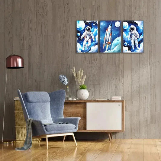 3pcs Space Exploration Astronaut & Rocket Prints Metal Print Ready to Hang Art