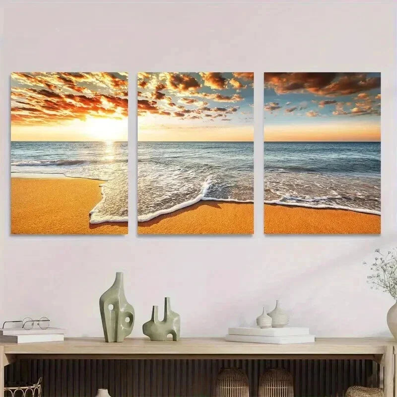 3pcs Beach Sunset Vibrant Sunset Painting Wall Art Set Canvas Framed 40x60cm - High Quality Print 100% Australian Made Wall Canvas Ready to Hang