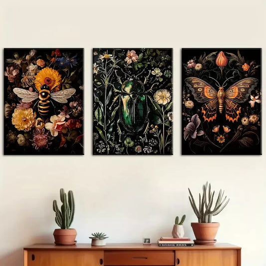 3pcs Featuring Insect Overhead Floral Colorful Wall Art Set Canvas Framed 40x60cm - High Quality Print 100% Australian Made Wall Canvas Ready to Hang