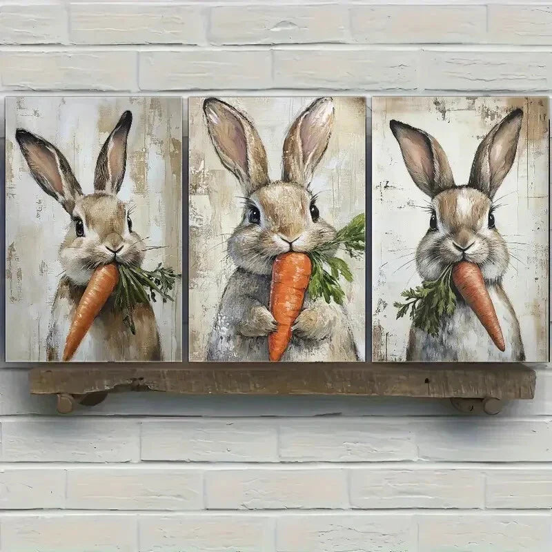 3pcs Cute Bunny and Carrot Whimsical Farmhouse Metal Print Ready to Hang Art