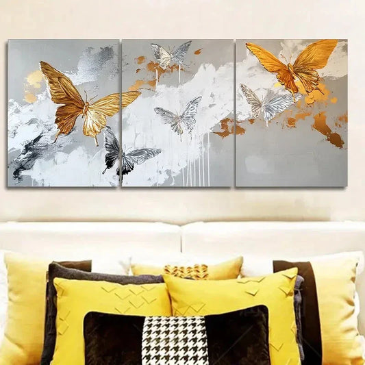 3pcs Vibrant Golden & Black Butterflies On Gray Metal Print Ready to Hang Art