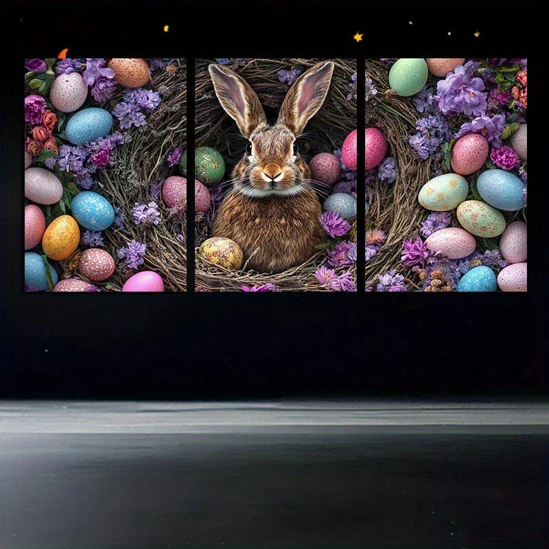 3pcs Brown Cute Bunny Colourful Eggs Big Ears Metal Print Ready to Hang Art