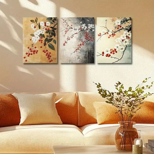 3pcs Red Berry with White Florals Design Metal Print Ready to Hang Art