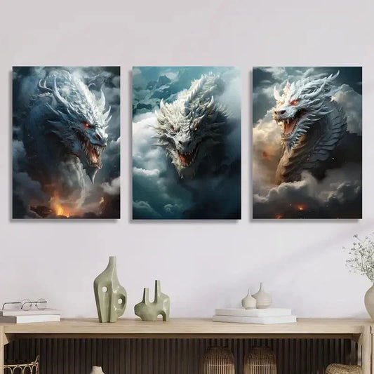 3pcs Flying dragon on the clouds, fantasy Metal Print Ready to Hang Art