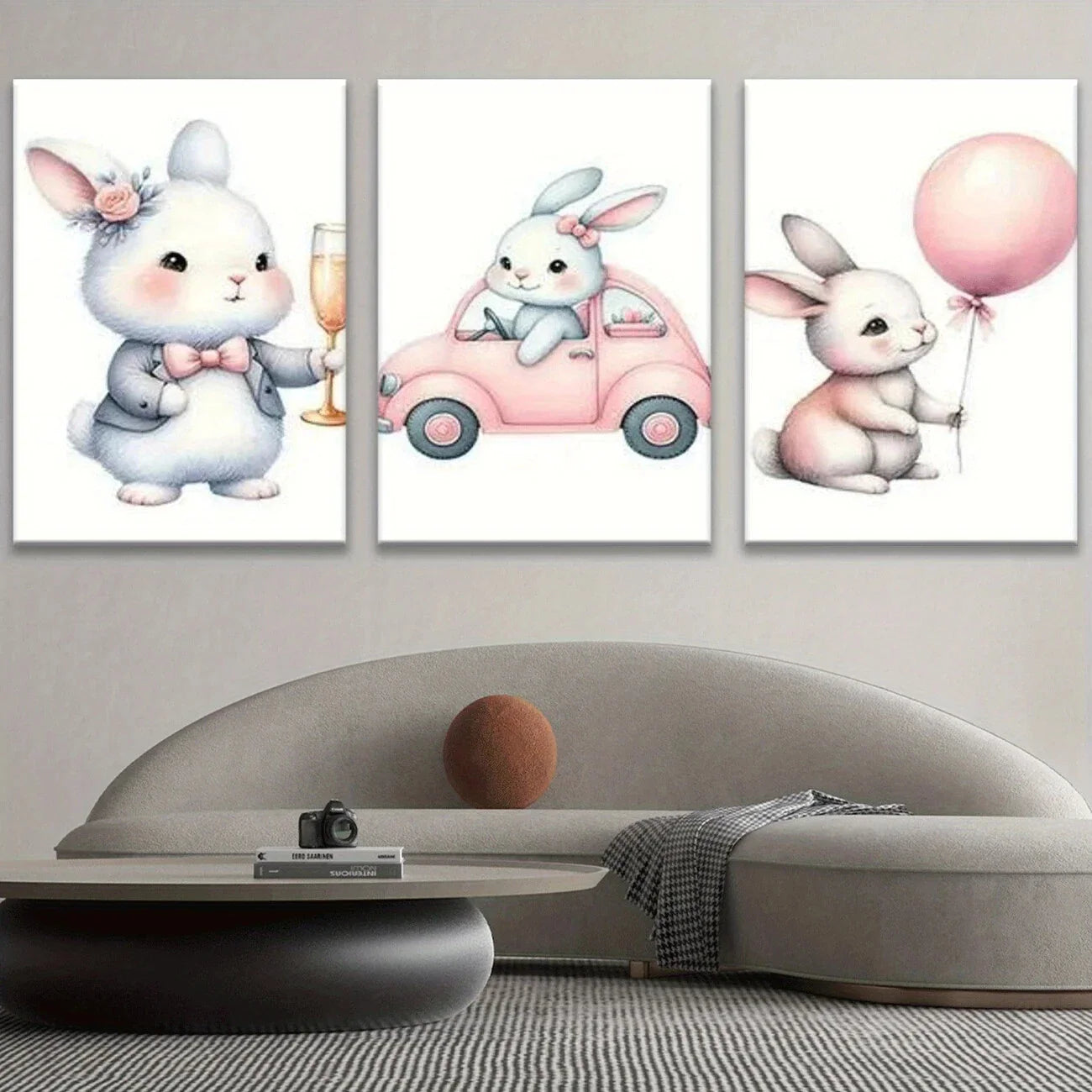 3pcs Cutest Bunny Driving Car Pink Balloon Metal Print Ready to Hang Art