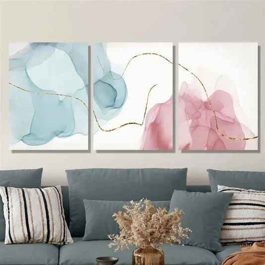 3pcs , Light luxury style mural, golden lines, Metal Print Ready to Hang Art