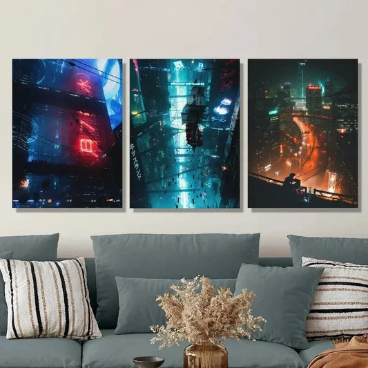 3pcs Cyberpunk city, sci-fi scene, Art Metal Print Ready to Hang Art