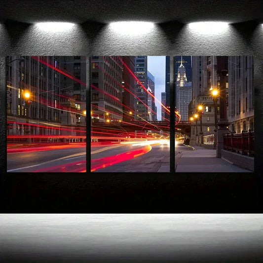 3pcs Street Light Trail Long Traffic Light Pathway Metal Print Ready to Hang Art