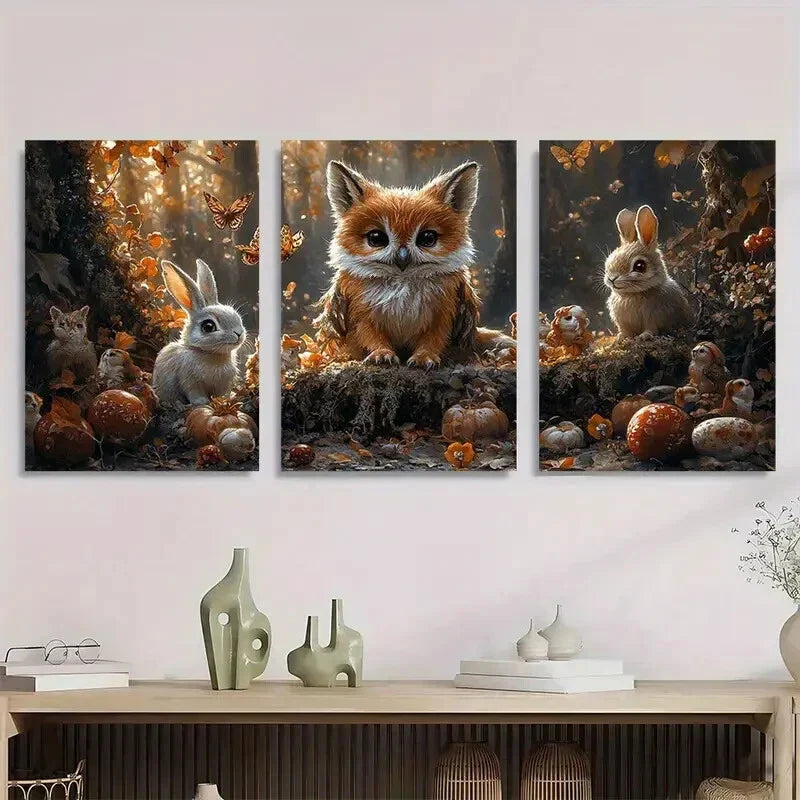 3pcs Forest Animals Owl Fox Rabbit Fantasy Metal Print Ready to Hang Art