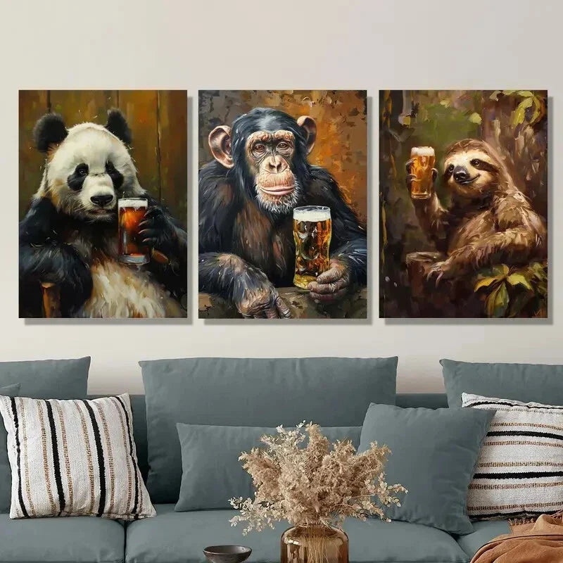 3pcs Abstract Cute Wild Animal Drinking Beer Metal Print Ready to Hang Art