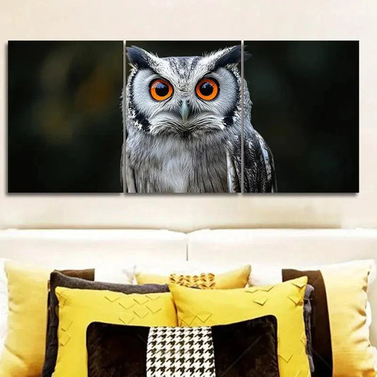 3pcs A photo of an owl with orange eyes Wall Art Set Canvas Framed 40x60cm - High Quality Print 100% Australian Made Wall Canvas Ready to Hang