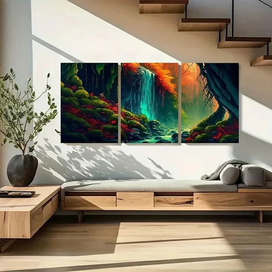 3pcs Vibrant Magical Nature Waterfall Scene Metal Print Ready to Hang Art