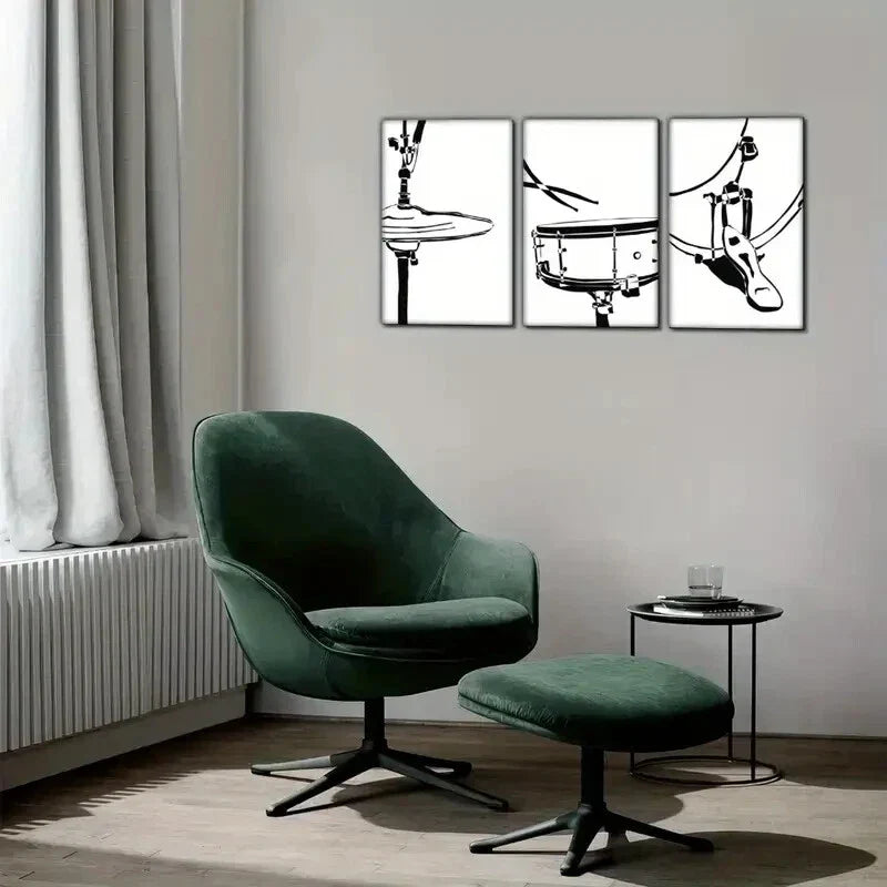 3pcs Black and White Drum Music Room Medieval Metal Print Ready to Hang Art