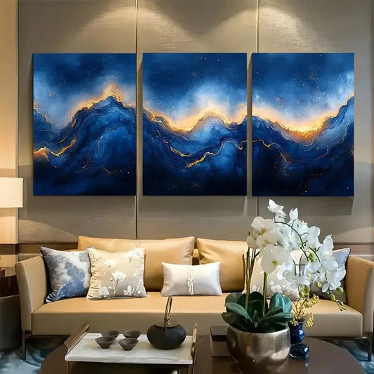 3pcs Vibrant Abstract Blue Marble Watercolor Metal Print Ready to Hang Art