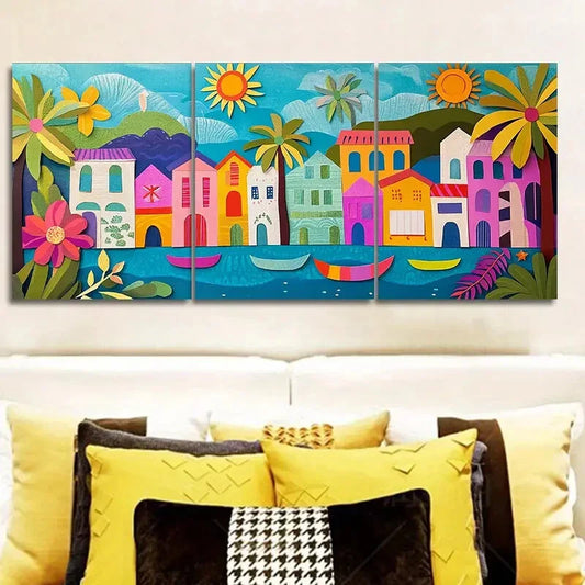 3pcs Colorful Beach Scene with Palm Trees, Sunset Metal Print Ready to Hang Art