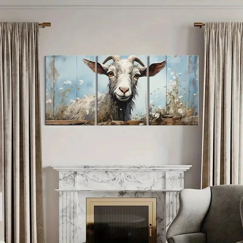 3pcs Artistic Goat, Curved Horn, White Flower Metal Print Ready to Hang Art
