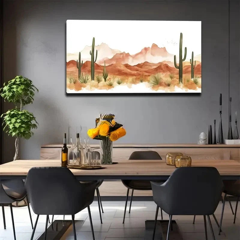 Gouache Style Cactus Wall Art Canvas Office Home Room Framed 80x45cm