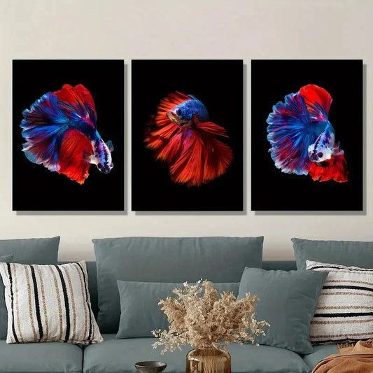 3pcs Vibrant Blue & Red Siamese Fighting Fish Metal Print Ready to Hang Art