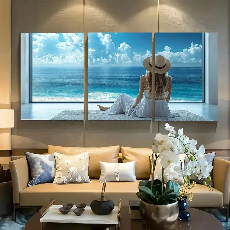 3pcs Serene Beach Scene with Woman in Hat Design Metal Print Ready to Hang Art