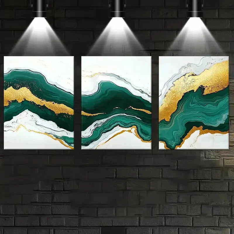 3pcs Abstract Marble Golden & Teal Swirls Metal Print Ready to Hang Art