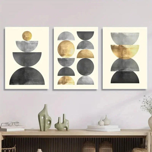 3pcs Golden & Metallic Circles, Geometric Metal Print Ready to Hang Art