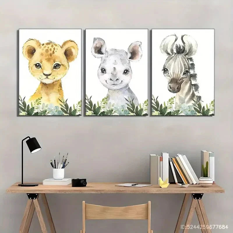 3pcs Zebra Cub Rhino Leopard Wildlife Art Metal Print Ready to Hang Art