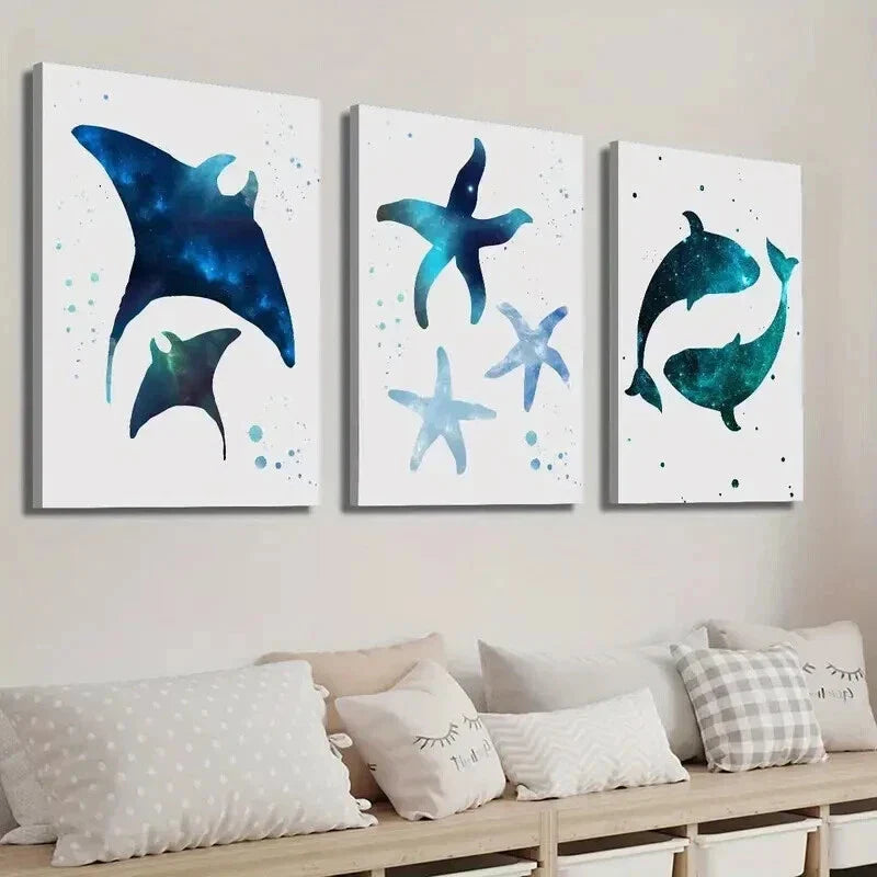 3pcs Manta Ray Nebula Starfish Whale Starry Sky Wall Art Set Canvas Framed 40x60cm - High Quality Print 100% Australian Made Wall Canvas Ready to Hang