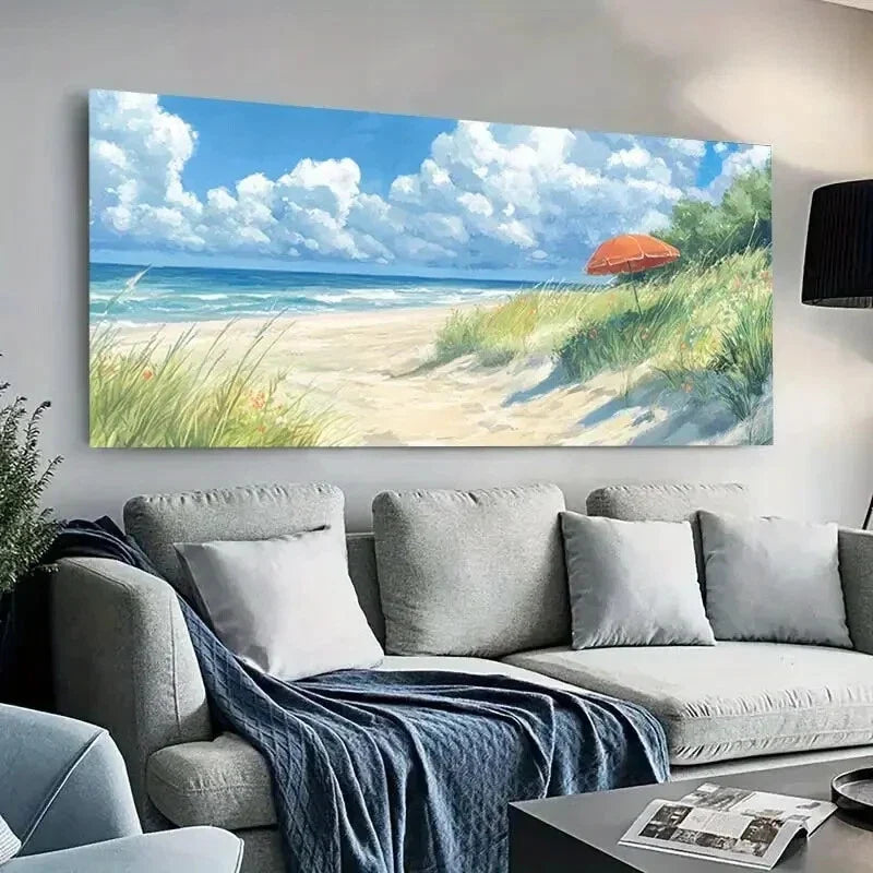Serene Beach Umbrella Sky wall canvas office home room framed 120x60cm