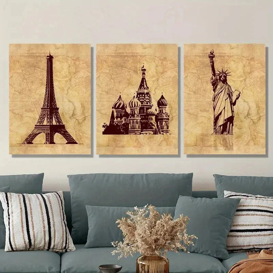 3pcs vintage Eiffel Tower, Saint Basil's Cathedral Metal Print Ready to Hang Art