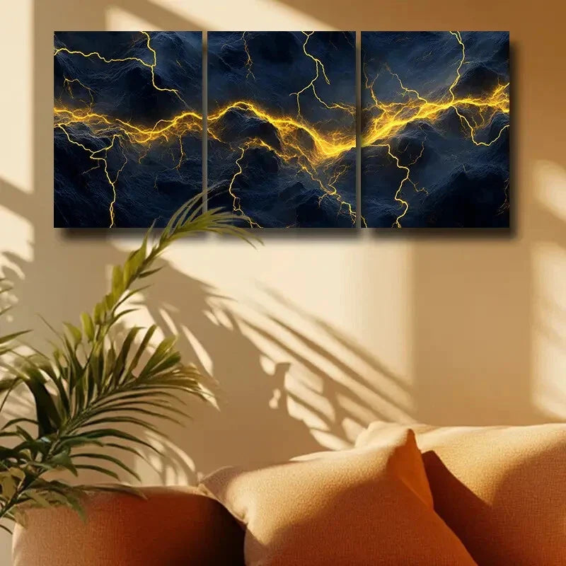 3pcs Yellow Lightning Design Metal Print Ready to Hang Art