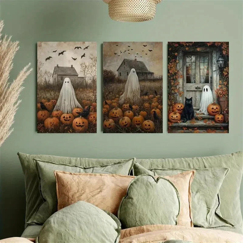 3pcs Ghosts and Black Cats on the Porch Metal Print Ready to Hang Art