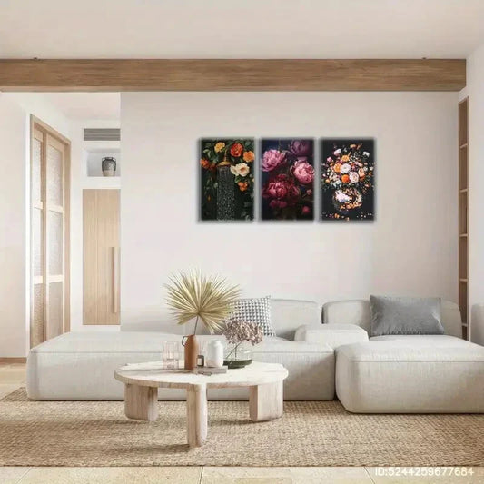 3pcs Dark Floral Vibrant Roses & Waterfall Design Metal Print Ready to Hang Art
