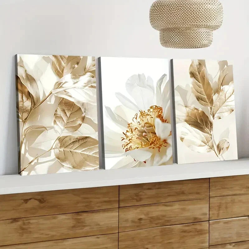 3pcs Modern Art Golden Leaf Floral Light Luxury Wall Art Set Canvas Framed 40x60cm - High Quality Print 100% Australian Made Wall Canvas Ready to Hang