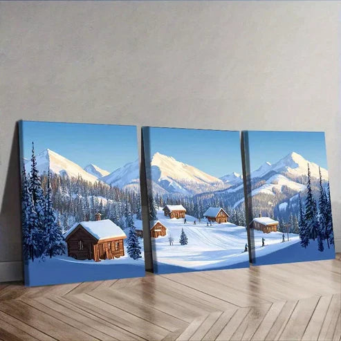 3pcs Snow Covered Village Mountains Scenery Wall Art Set Canvas Framed 60x90cm - High Quality Print 100% Australian Made Wall Canvas Ready to Hang