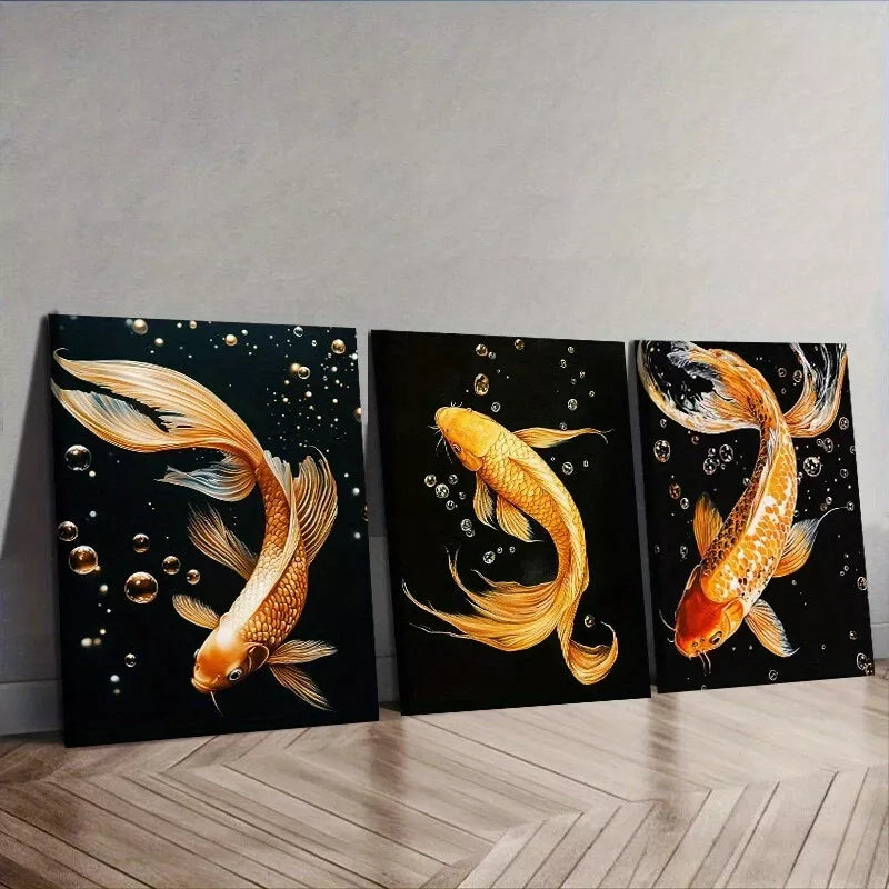 3pcs Yellow Koi Fish Black Background Wall Art Set Canvas Framed 40x60cm - High Quality Print 100% Australian Made Wall Canvas Ready to Hang